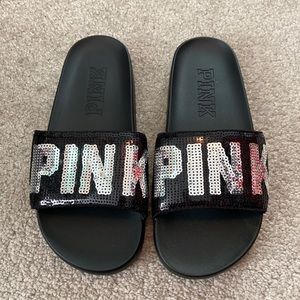 PINK black & silver sequin slides